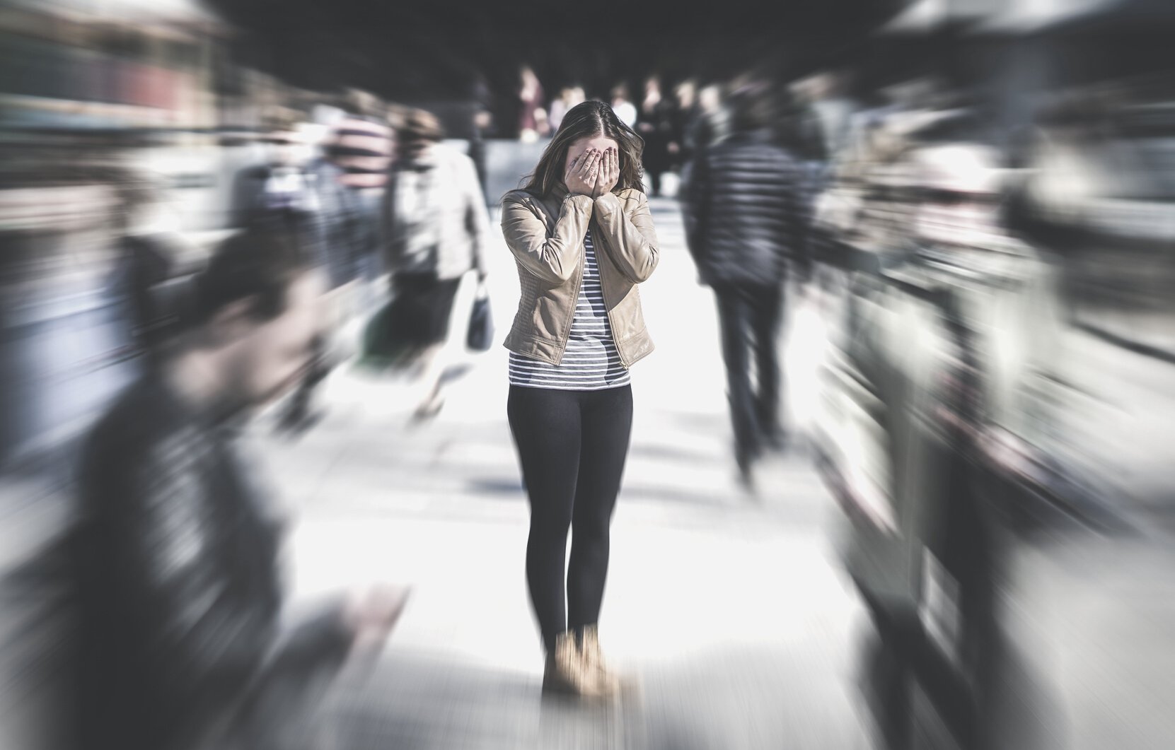 Panic attack in public place. Woman having panic disorder in city. Psychology, solitude, fear or mental health problems concept.